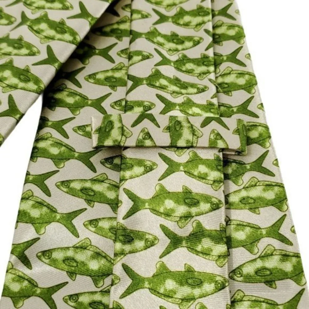 Fish Pattern Tie Necktie Green Ivory‎ Fishing Hunting Sports